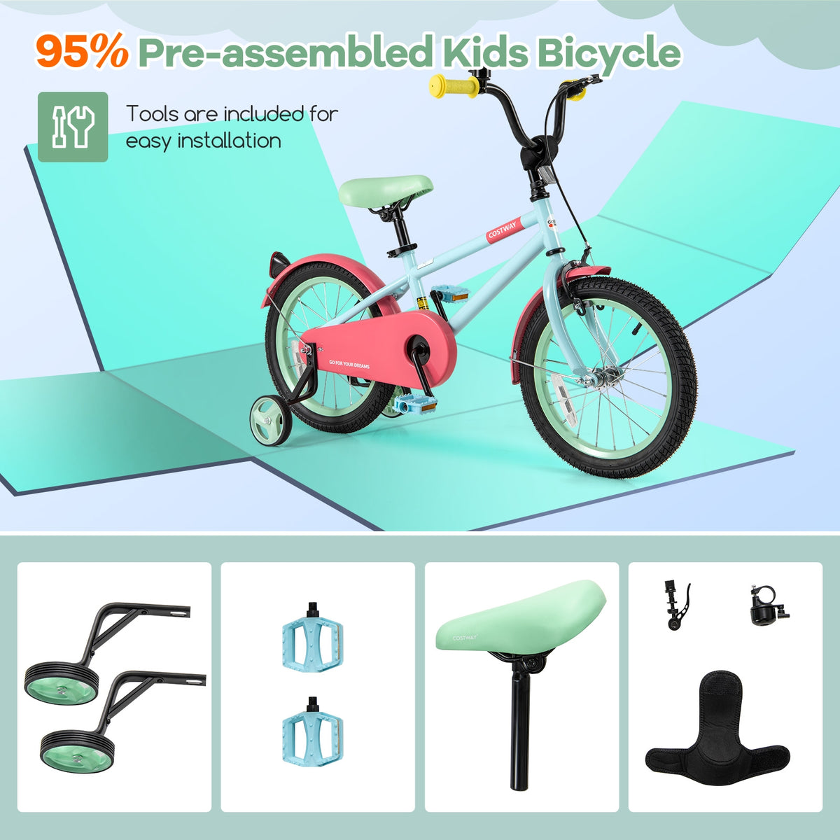 Kids Bike with Training Wheels, Adjustable Handlebar and Seat-Kids Bike-DECOROLALA
