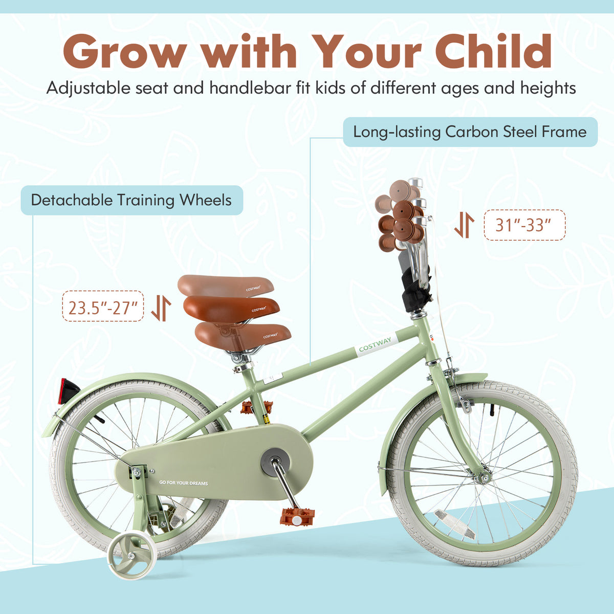 Kids Bike with Training Wheels, Adjustable Handlebar and Seat-Kids Bike-DECOROLALA