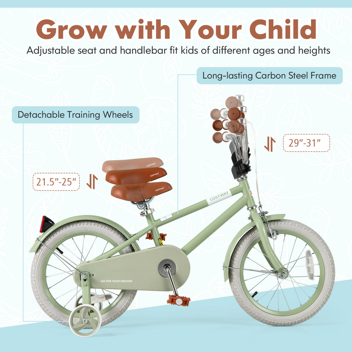 Kids Bike with Training Wheels, Adjustable Handlebar and Seat-Kids Bike-DECOROLALA