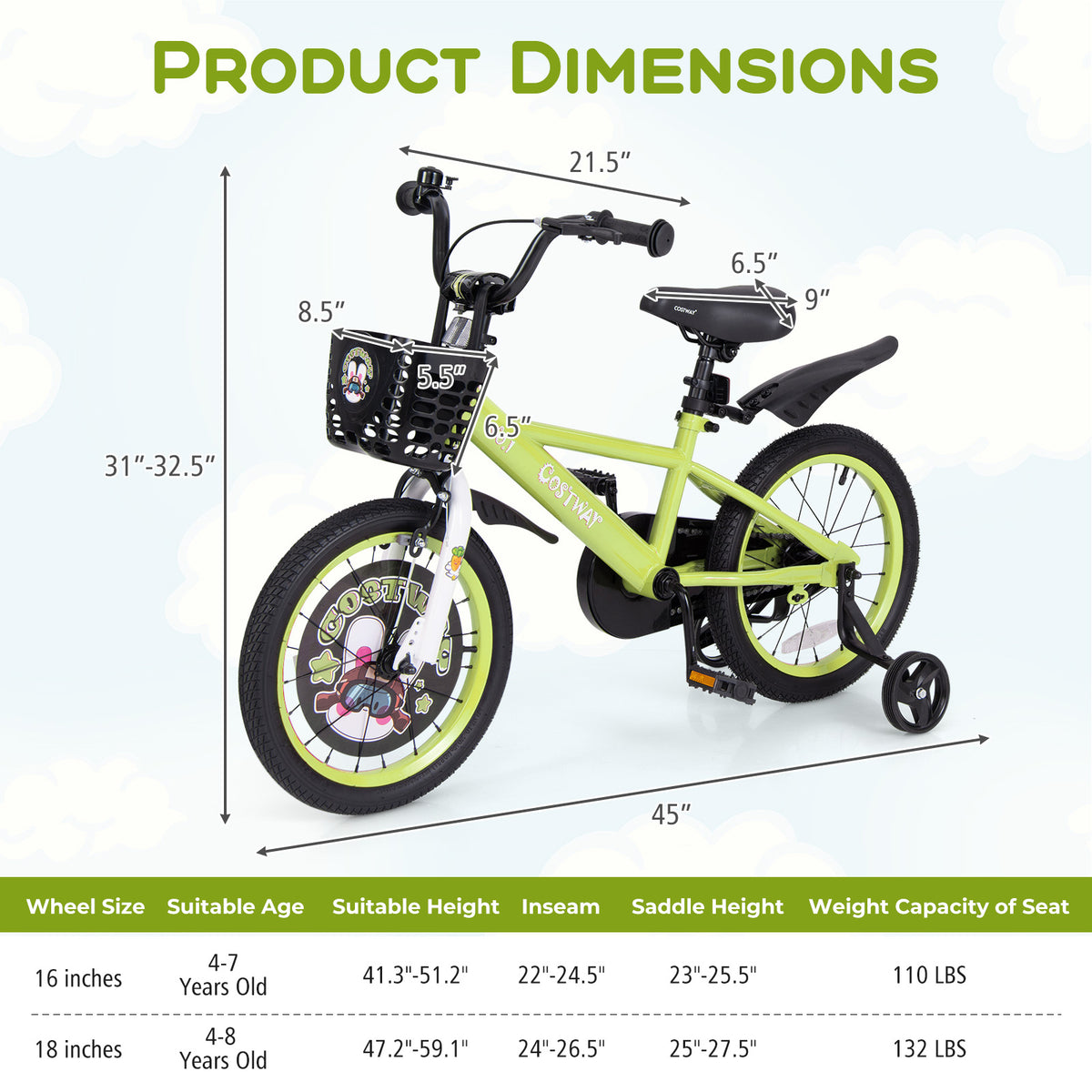 Kids Bike with Training Wheels, Adjustable Seat and Handlebar-Kids Bike-DECOROLALA