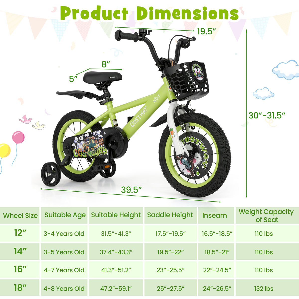 Kids Bike with Training Wheels, Adjustable Seat and Handlebar-Kids Bike-DECOROLALA
