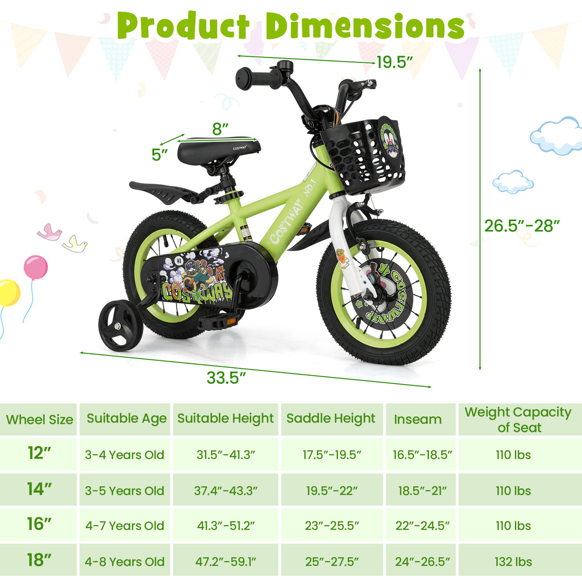 Kids Bike with Training Wheels, Adjustable Seat and Handlebar-Kids Bike-DECOROLALA