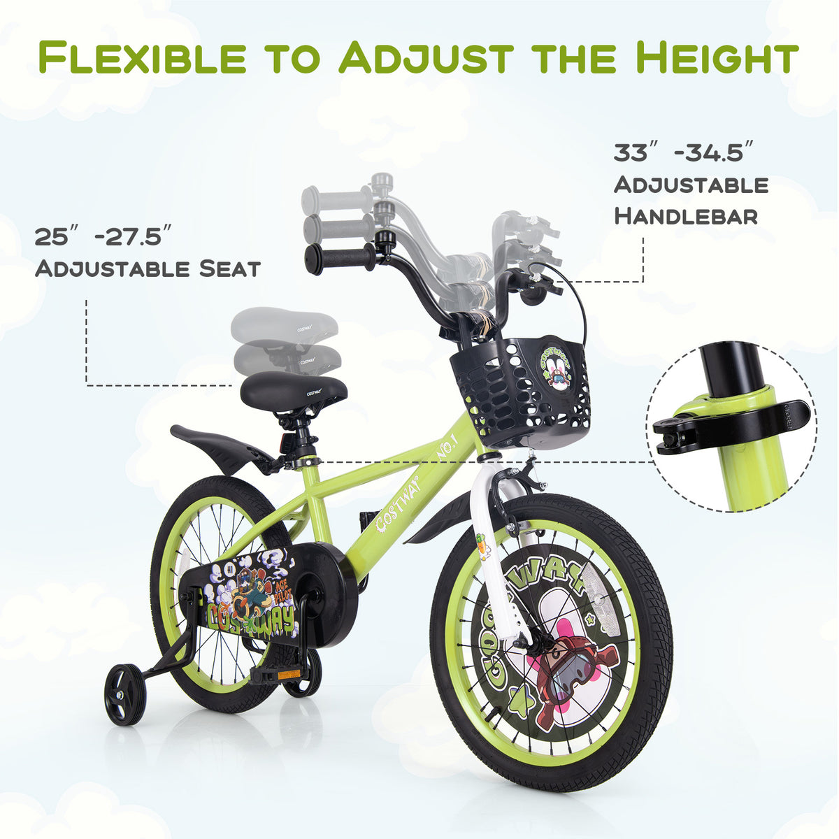 Kids Bike with Training Wheels, Adjustable Seat and Handlebar-Kids Bike-DECOROLALA