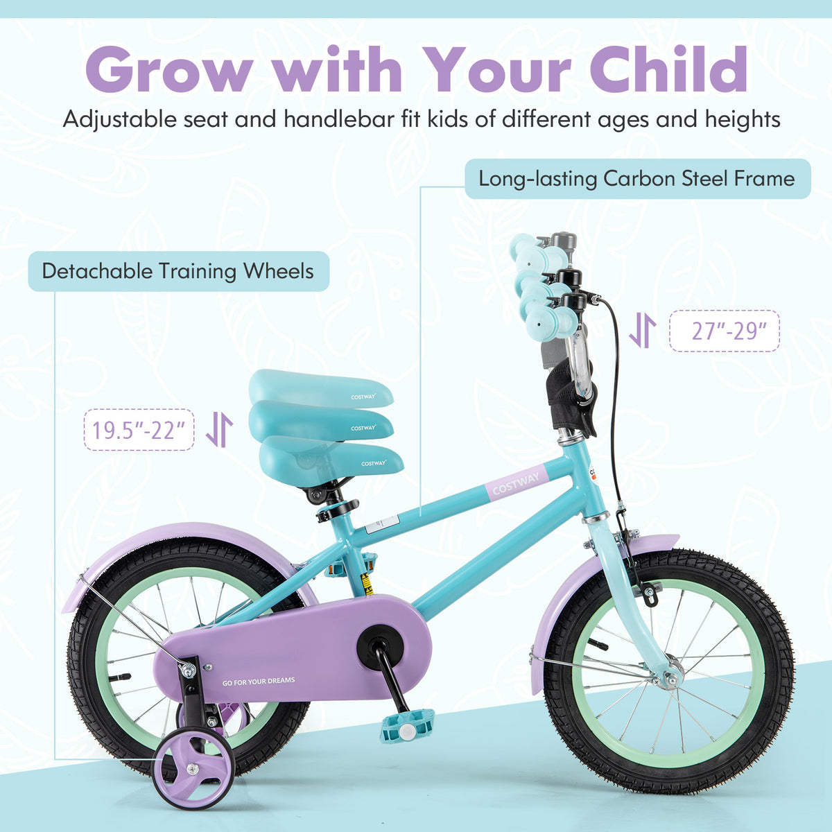 Kids Bike with Training Wheels, Adjustable Seat and Handlebar-Kids Bike-DECOROLALA