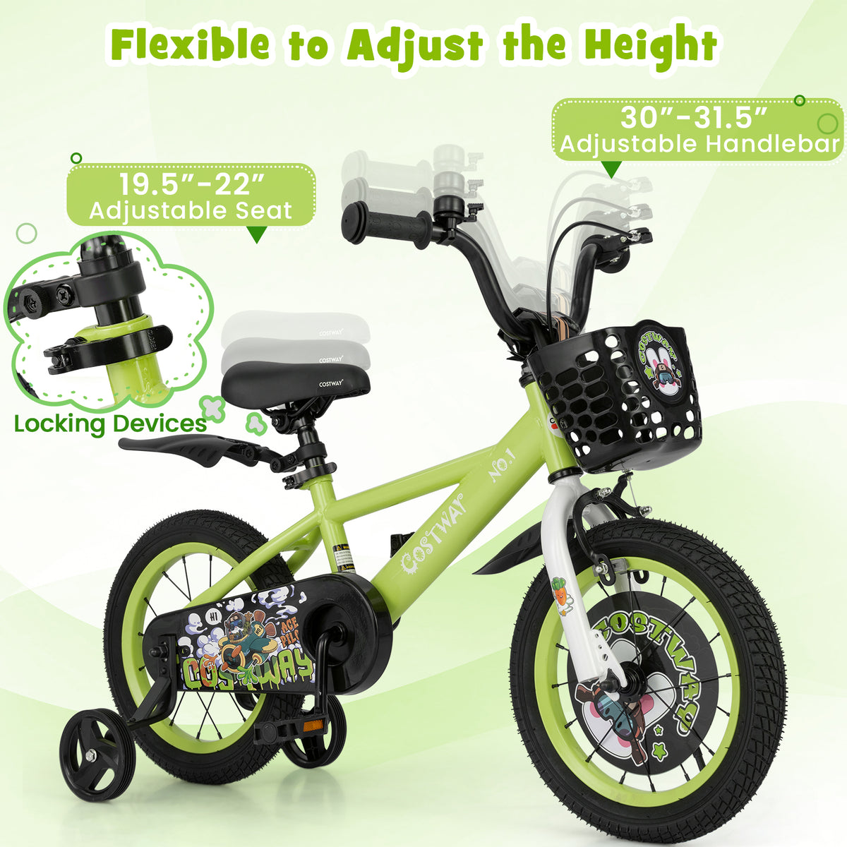 Kids Bike with Training Wheels, Adjustable Seat and Handlebar-Kids Bike-DECOROLALA