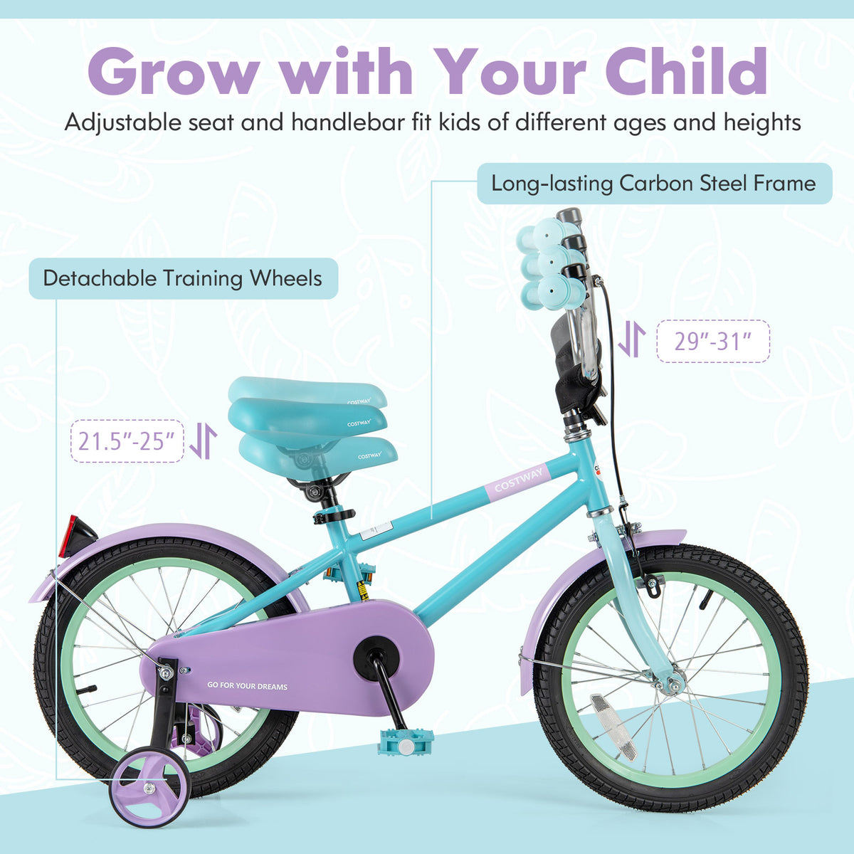 Kids Bike with Training Wheels, Adjustable Seat and Handlebar-Kids Bike-DECOROLALA