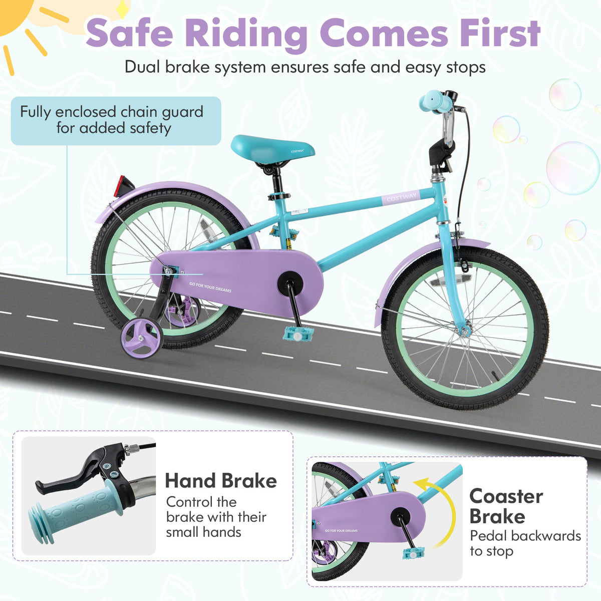 Kids Bike with Training Wheels, Adjustable Seat and Handlebar-Kids Bike-DECOROLALA
