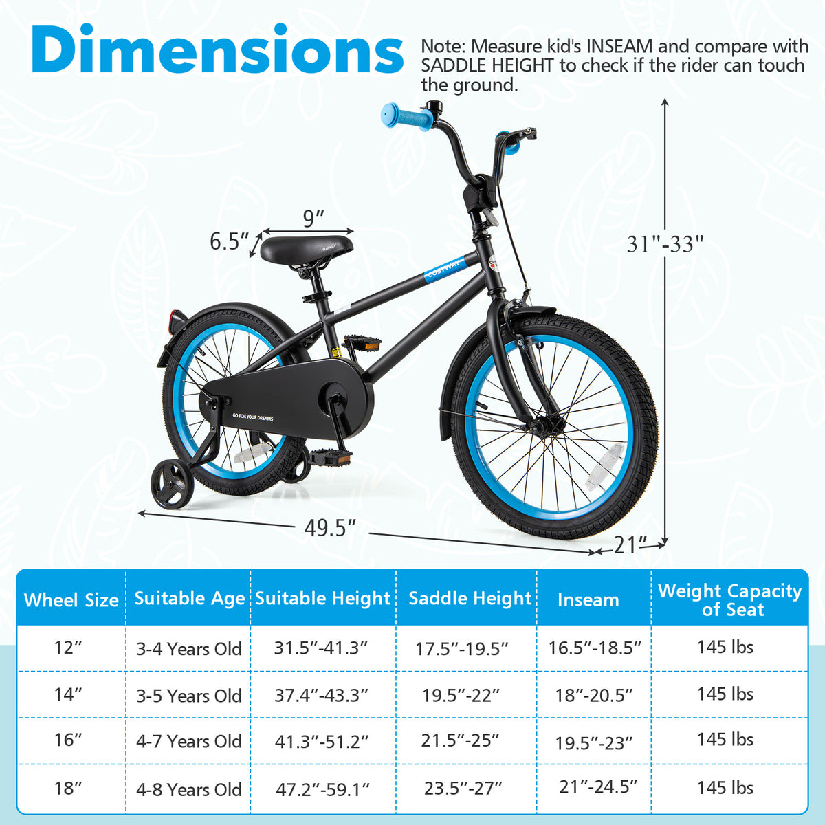 Kids Bike with Training Wheels and Adjustable Handlebar and Seat-Kids Bike-DECOROLALA
