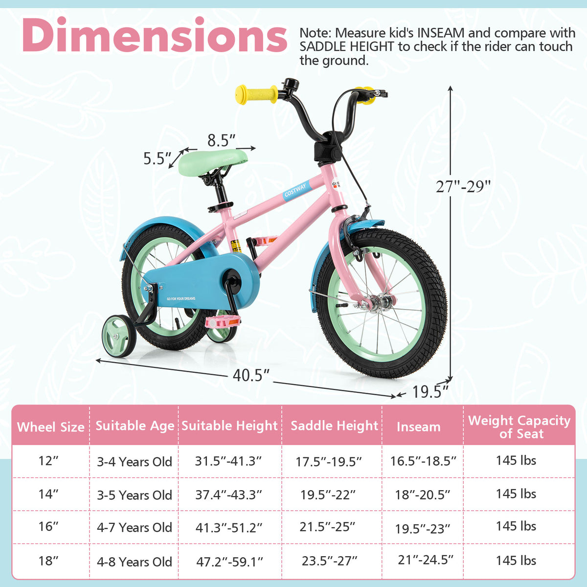 Kids Bike with Training Wheels and Adjustable Handlebar and Seat-Kids Bike-DECOROLALA