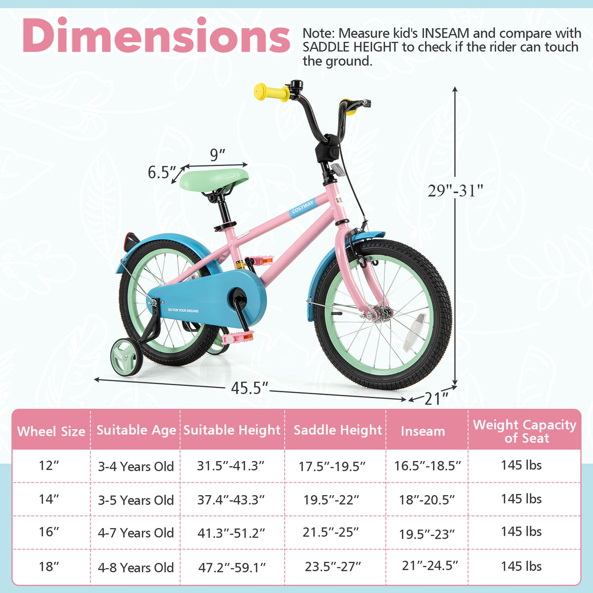 Kids Bike with Training Wheels and Adjustable Handlebar and Seat-Kids Bike-DECOROLALA