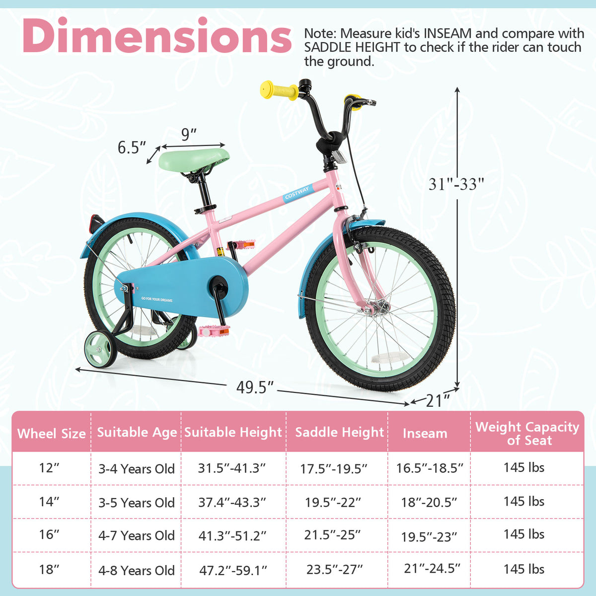 Kids Bike with Training Wheels and Adjustable Handlebar and Seat-Kids Bike-DECOROLALA
