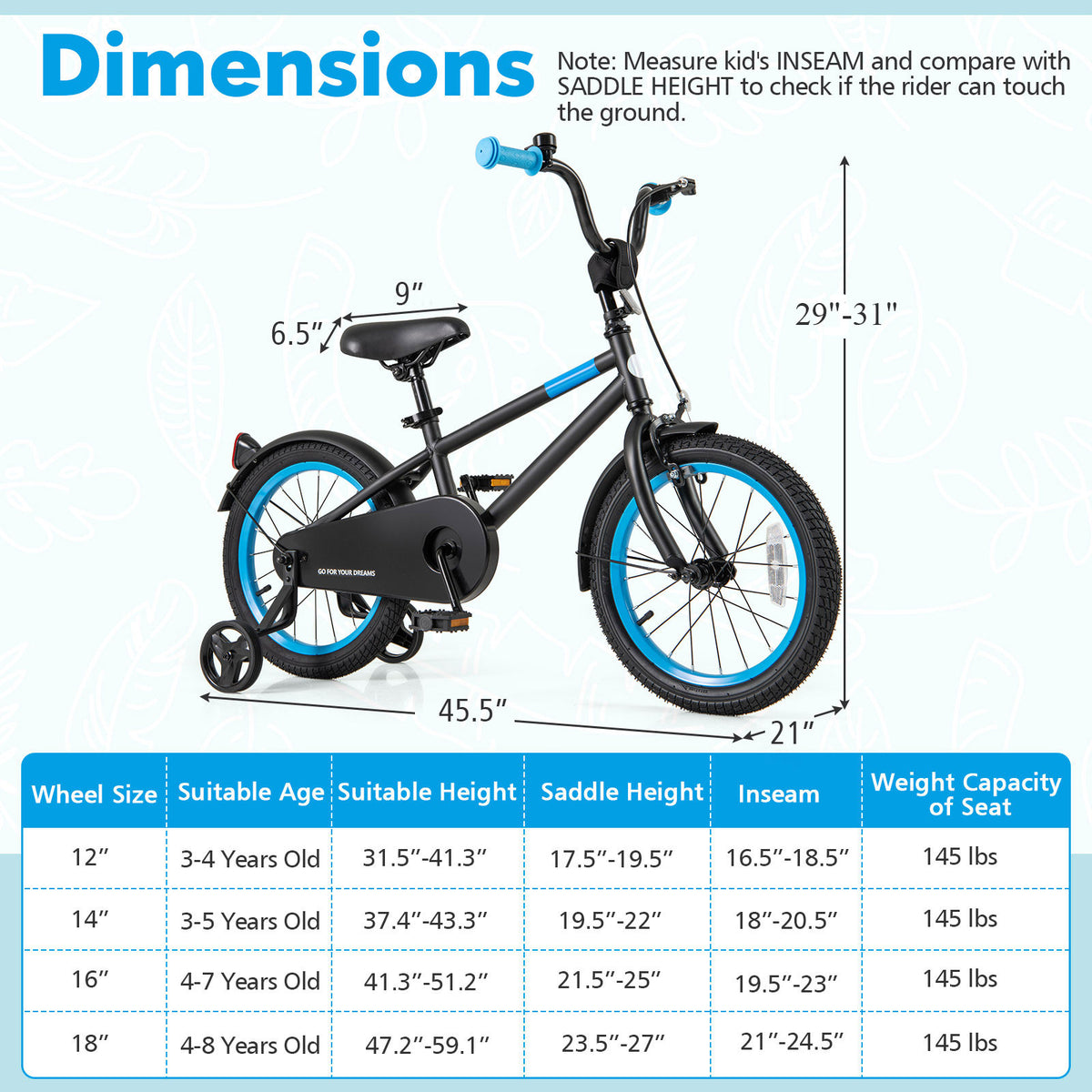 Kids Bike with Training Wheels and Adjustable Handlebar and Seat-Kids Bike-DECOROLALA
