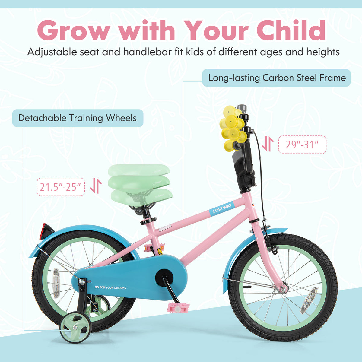 Kids Bike with Training Wheels and Adjustable Handlebar and Seat-Kids Bike-DECOROLALA
