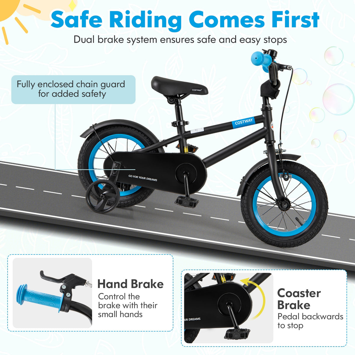 Kids Bike with Training Wheels and Adjustable Handlebar and Seat-Kids Bike-DECOROLALA