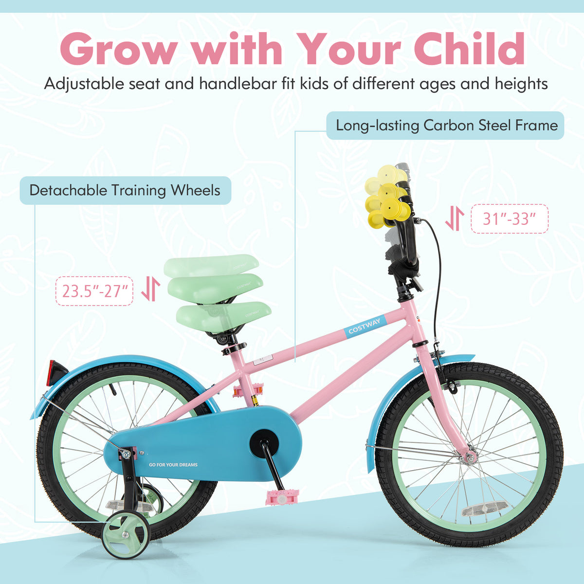 Kids Bike with Training Wheels and Adjustable Handlebar and Seat-Kids Bike-DECOROLALA