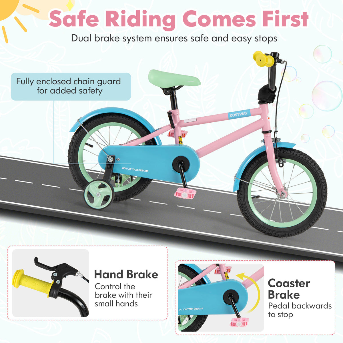 Kids Bike with Training Wheels and Adjustable Handlebar and Seat-Kids Bike-DECOROLALA