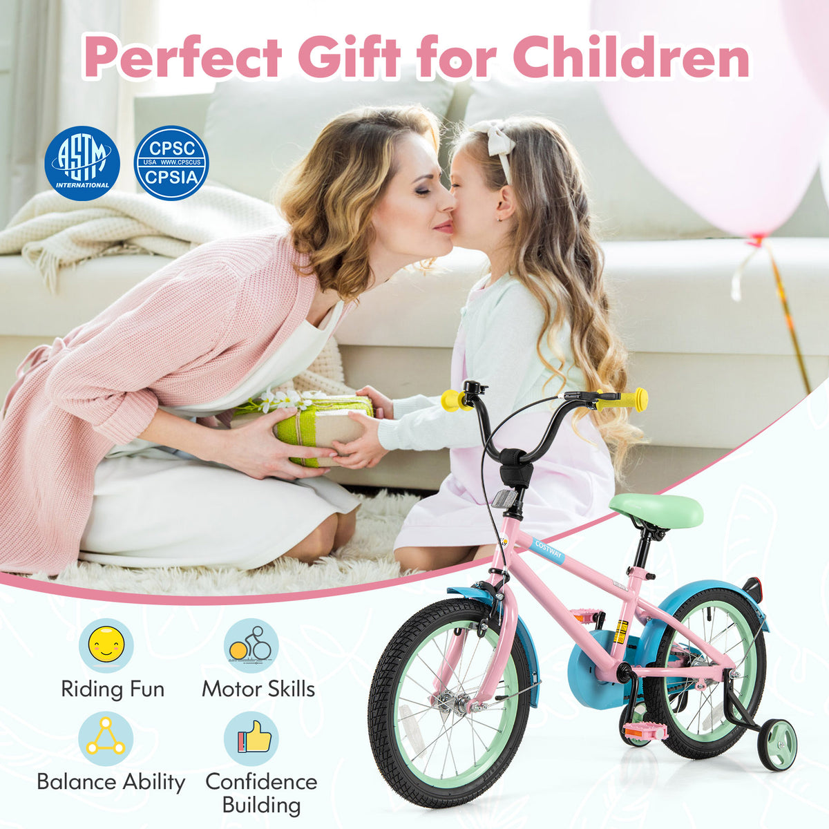 Kids Bike with Training Wheels and Adjustable Handlebar and Seat-Kids Bike-DECOROLALA
