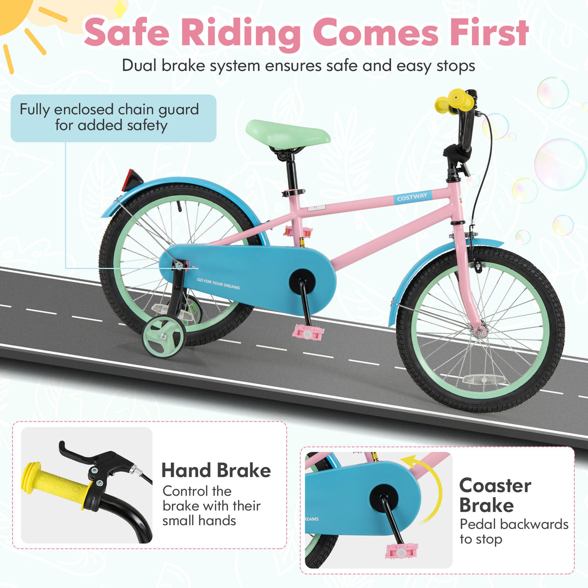 Kids Bike with Training Wheels and Adjustable Handlebar and Seat-Kids Bike-DECOROLALA