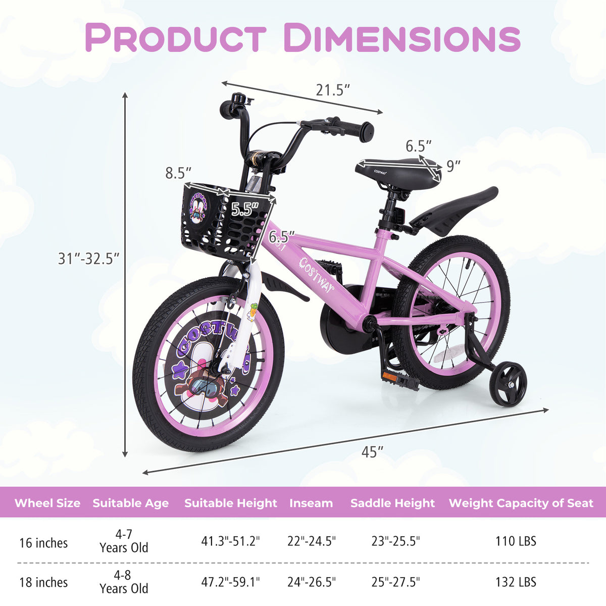 Kids Bike with Training Wheels and Basket - 16"/18" Adjustable-Kids Bike-DECOROLALA
