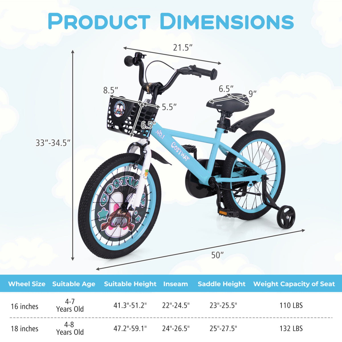 Kids Bike with Training Wheels and Basket - 16"/18" Adjustable-Kids Bike-DECOROLALA
