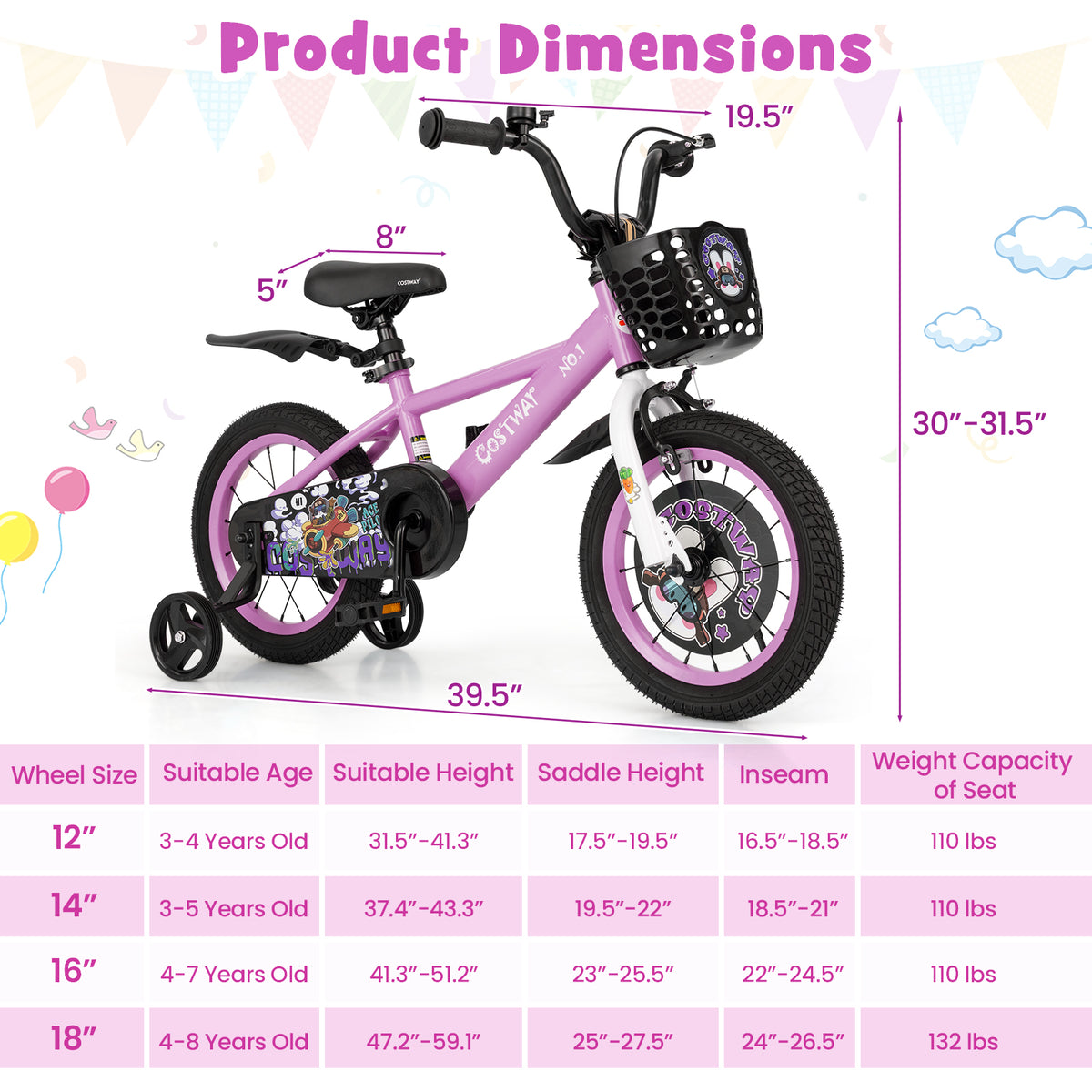 Kids Bike with Training Wheels and Basket - 16"/18" Adjustable-Kids Bike-DECOROLALA
