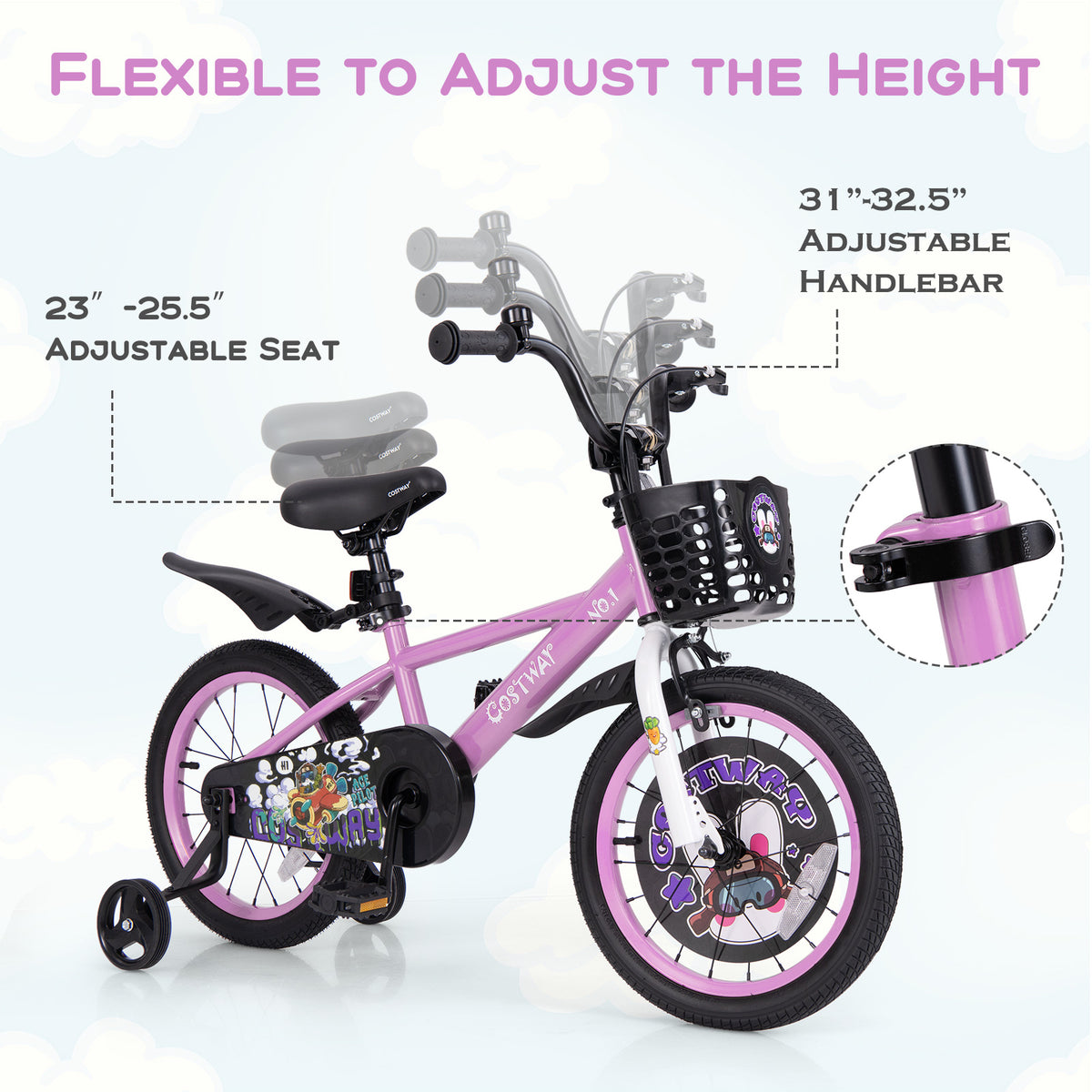Kids Bike with Training Wheels and Basket - 16"/18" Adjustable-Kids Bike-DECOROLALA