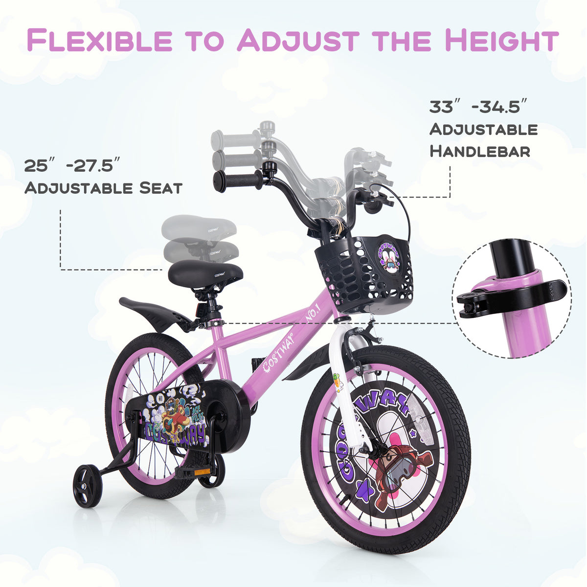 Kids Bike with Training Wheels and Basket - 16"/18" Adjustable-Kids Bike-DECOROLALA