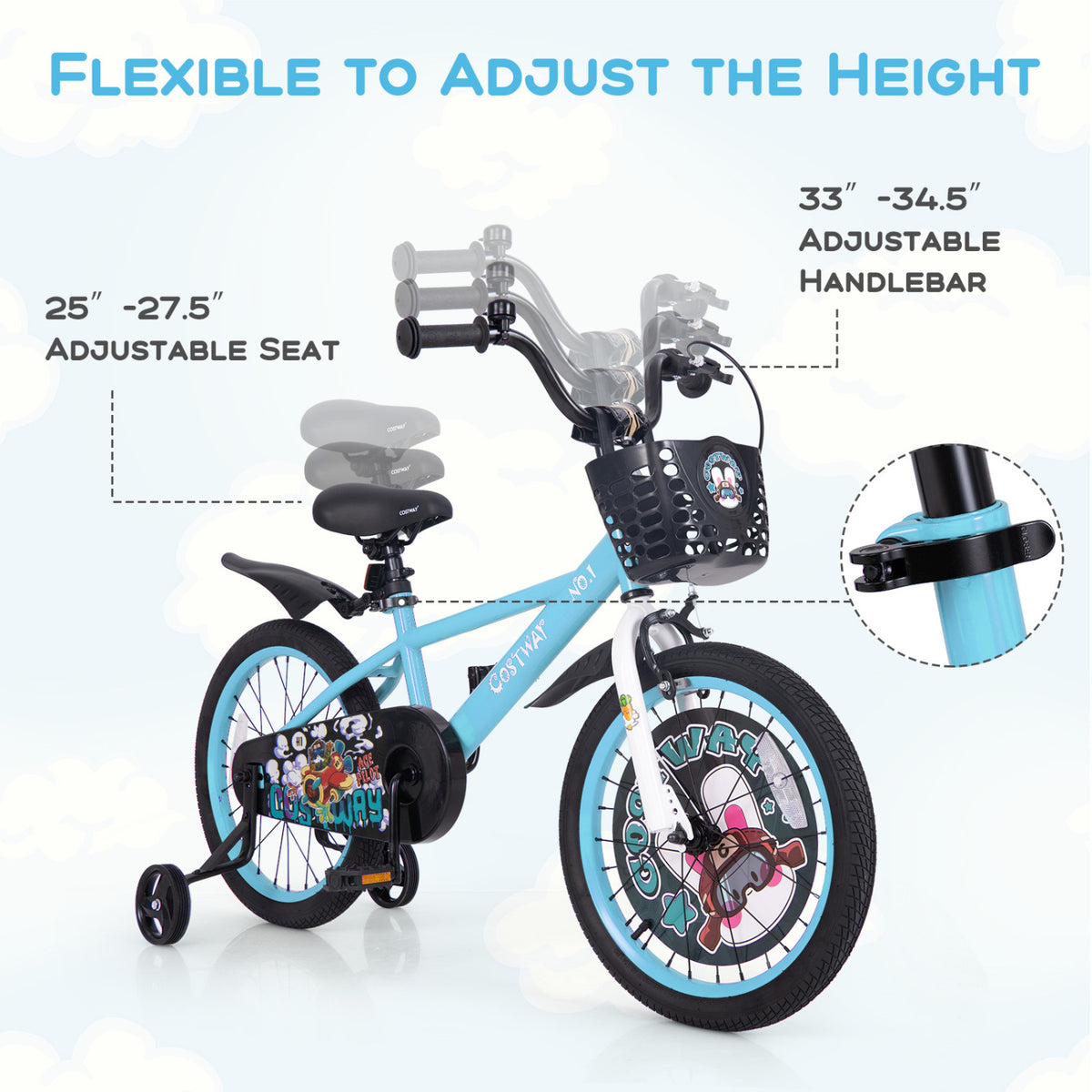 Kids Bike with Training Wheels and Basket - 16"/18" Adjustable-Kids Bike-DECOROLALA