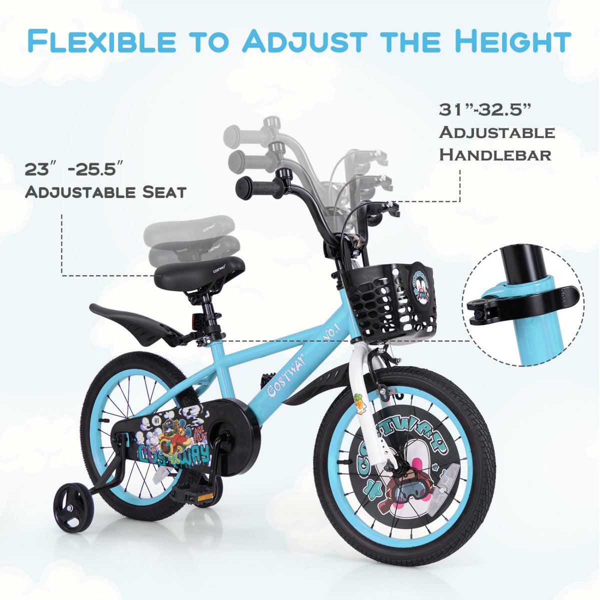 Kids Bike with Training Wheels and Basket - 16"/18" Adjustable-Kids Bike-DECOROLALA