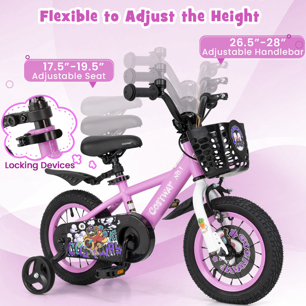 Kids Bike with Training Wheels and Basket - 16"/18" Adjustable-Kids Bike-DECOROLALA