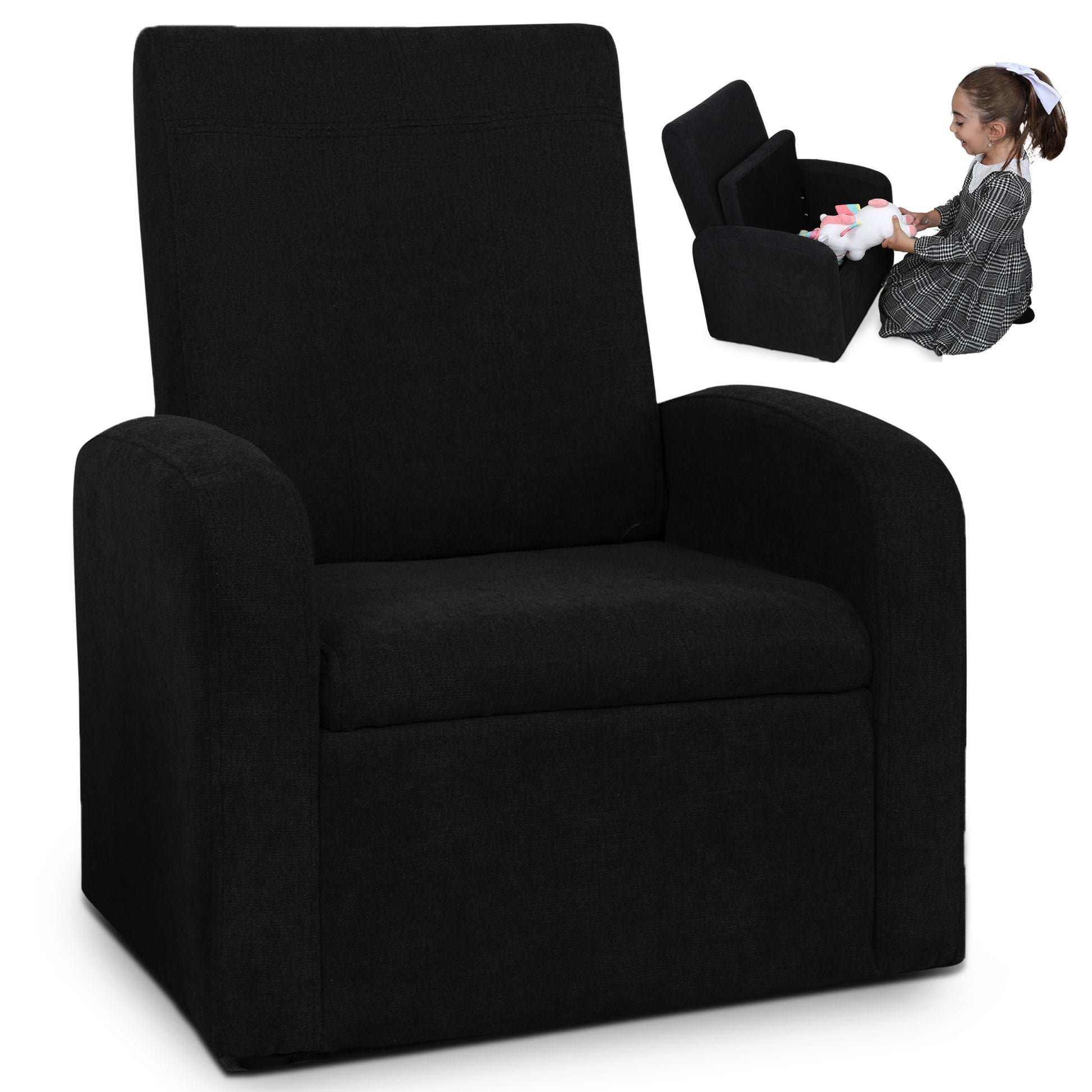 Kids Black Comfy Upholstered Recliner Chair with Storage-Baby Furniture-DECOROLALA