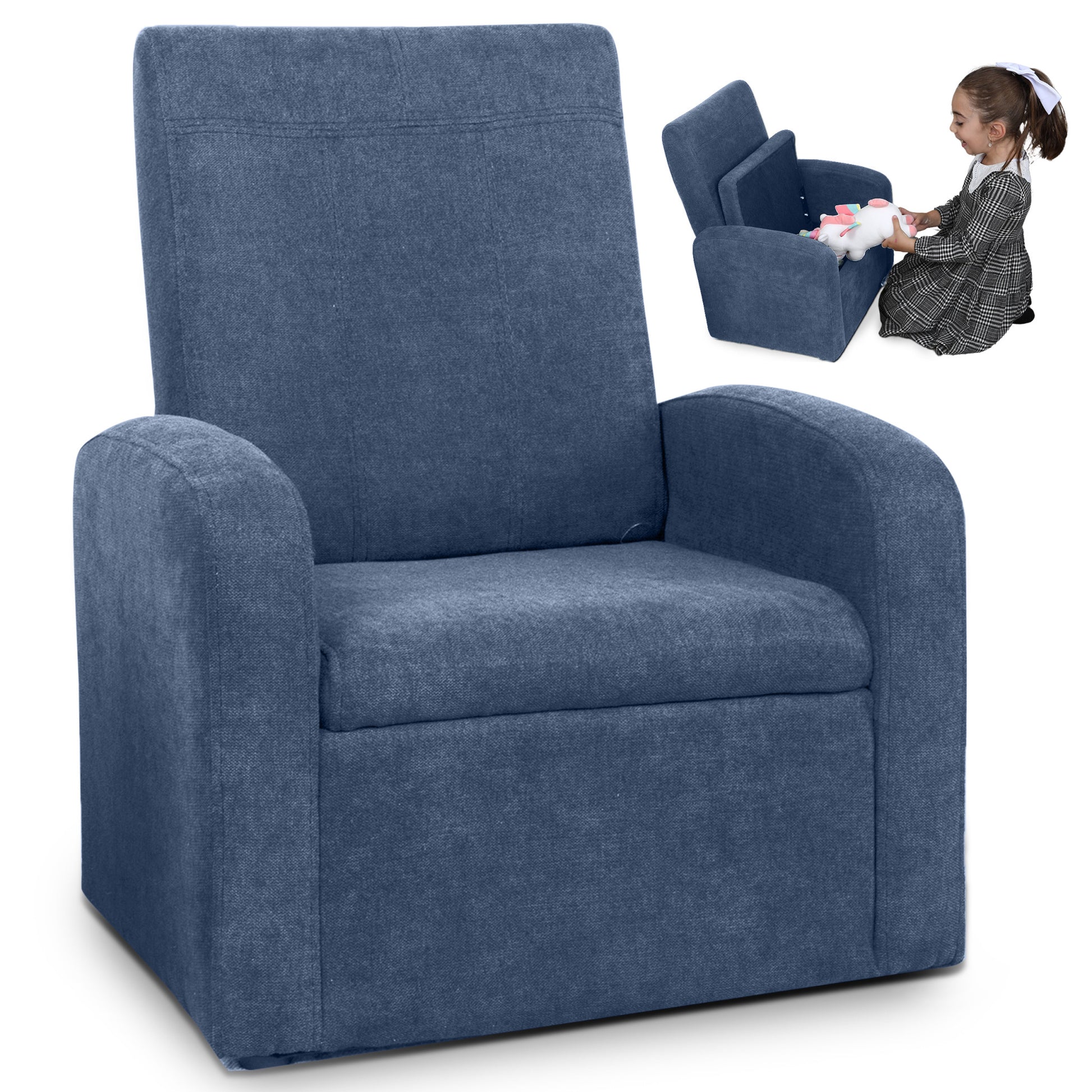 Kids Blue Comfy Upholstered Recliner Chair with Storage-Baby Furniture-DECOROLALA
