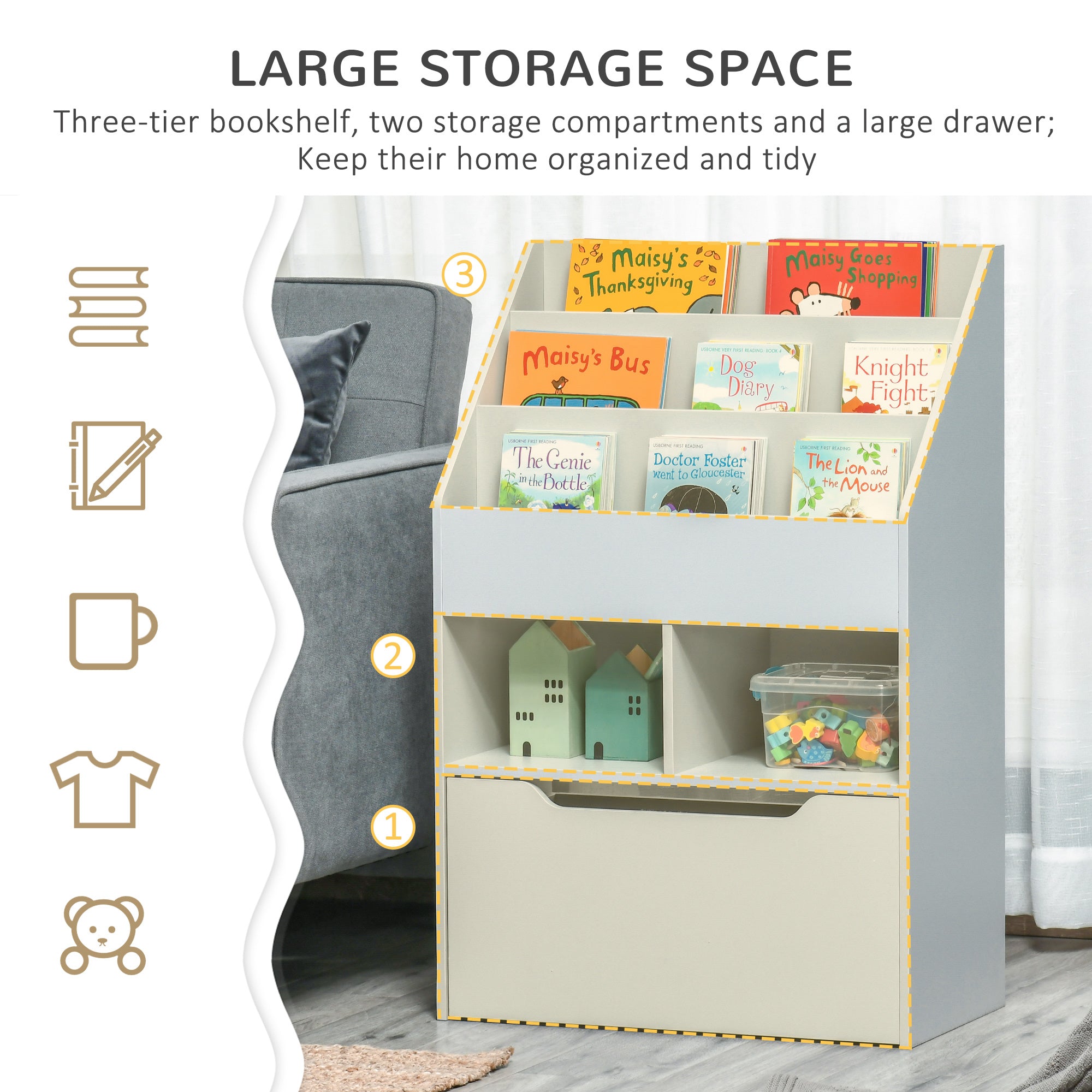 Kids Bookcase Multi-Shelf Rack Organizer with Storage Drawer for Books for Reading Nook, Classroom, Bedroom, Playroom, Grey-Toys & Games > Toddler & Kids Furniture > Baby & Kids Storage-DECOROLALA
