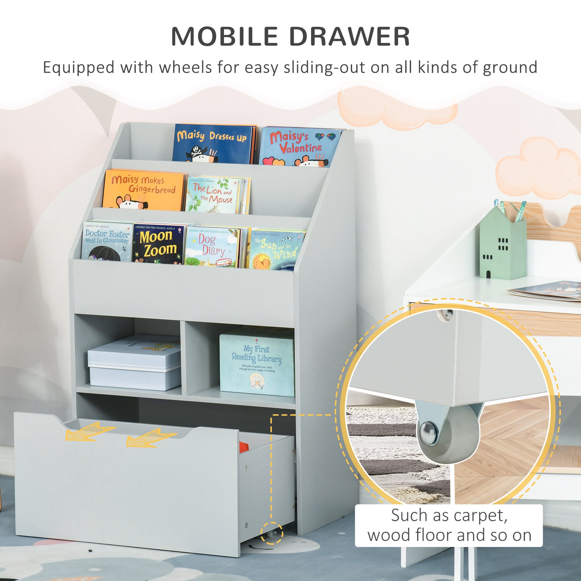 Kids Bookcase Multi-Shelf Rack Organizer with Storage Drawer for Books for Reading Nook, Classroom, Bedroom, Playroom, Grey-Toys & Games > Toddler & Kids Furniture > Baby & Kids Storage-DECOROLALA