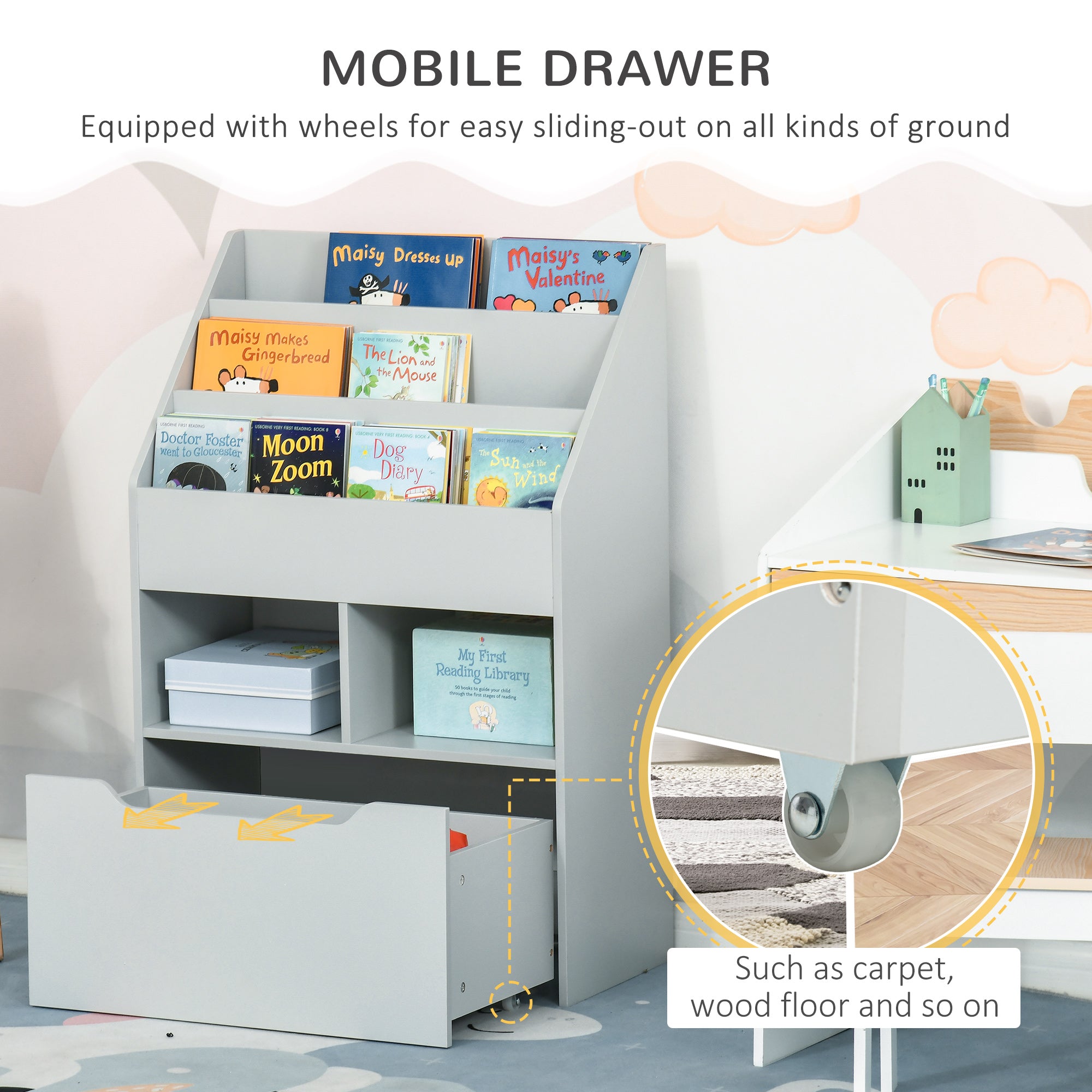 Kids Bookcase Multi-Shelf Rack Organizer with Storage Drawer for Books for Reading Nook, Classroom, Bedroom, Playroom, Grey-Toys & Games > Toddler & Kids Furniture > Baby & Kids Storage-DECOROLALA