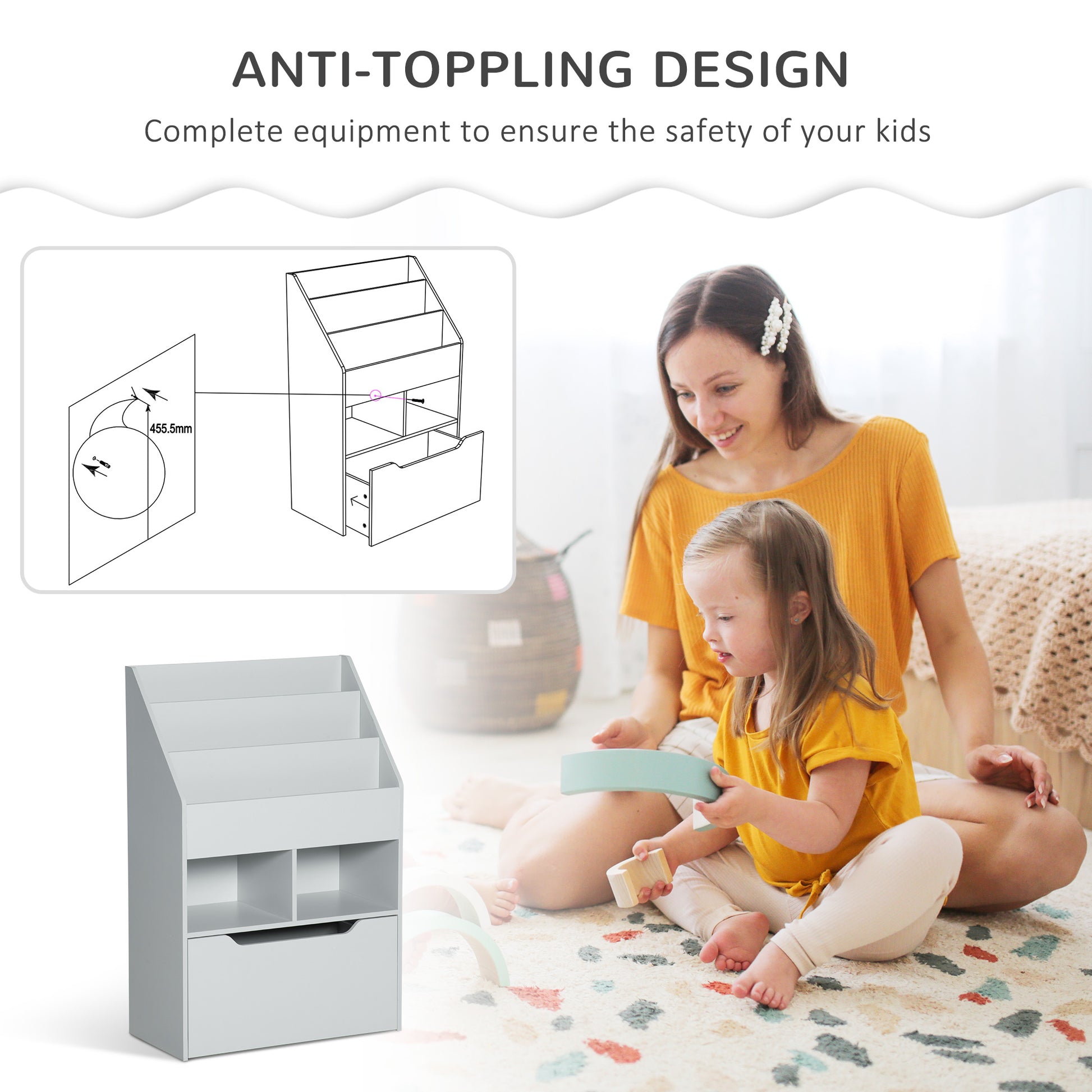 Kids Bookcase Multi-Shelf Rack Organizer with Storage Drawer for Books for Reading Nook, Classroom, Bedroom, Playroom, Grey-Toys & Games > Toddler & Kids Furniture > Baby & Kids Storage-DECOROLALA