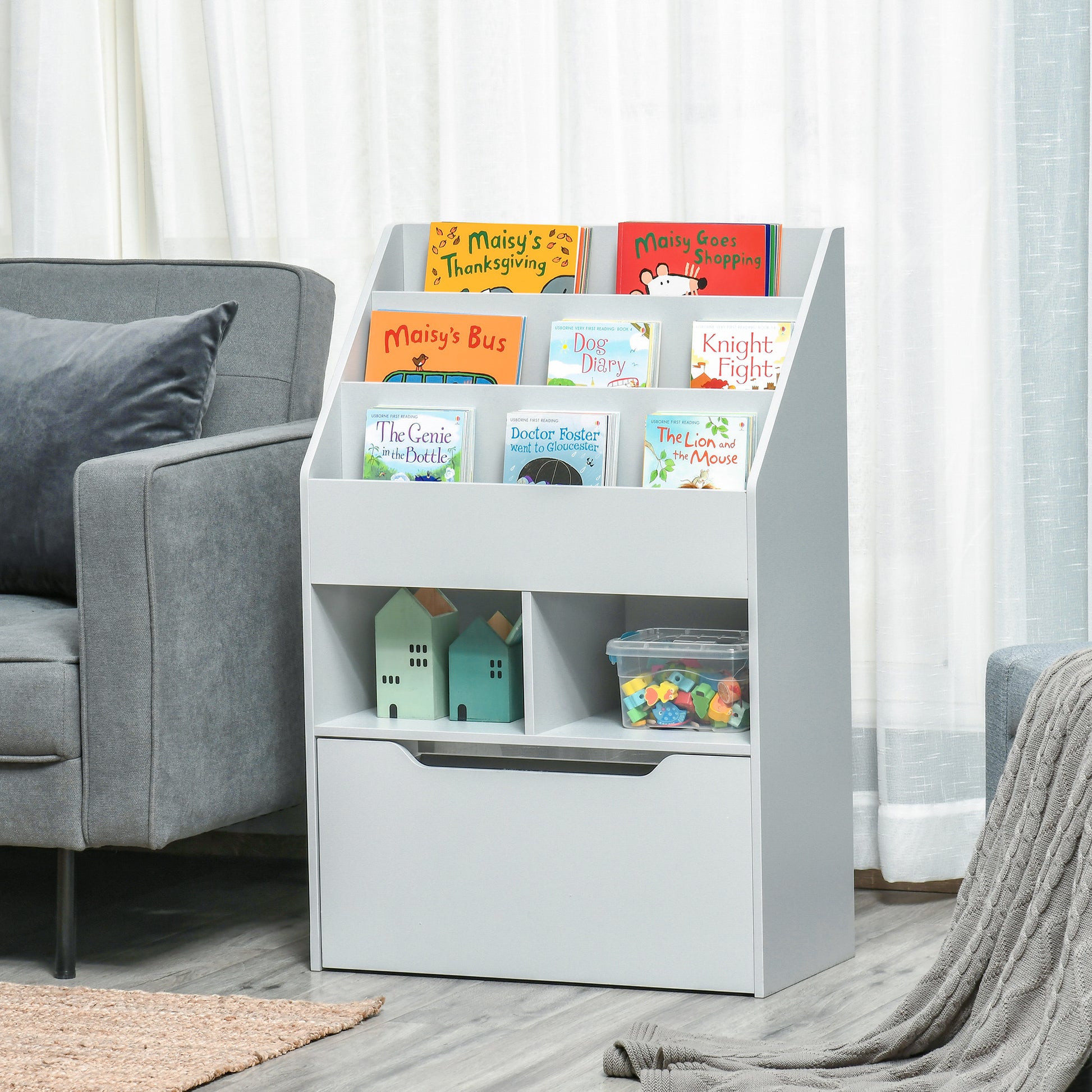 Kids Bookcase Multi-Shelf Rack Organizer with Storage Drawer for Books for Reading Nook, Classroom, Bedroom, Playroom, Grey-Toys & Games > Toddler & Kids Furniture > Baby & Kids Storage-DECOROLALA