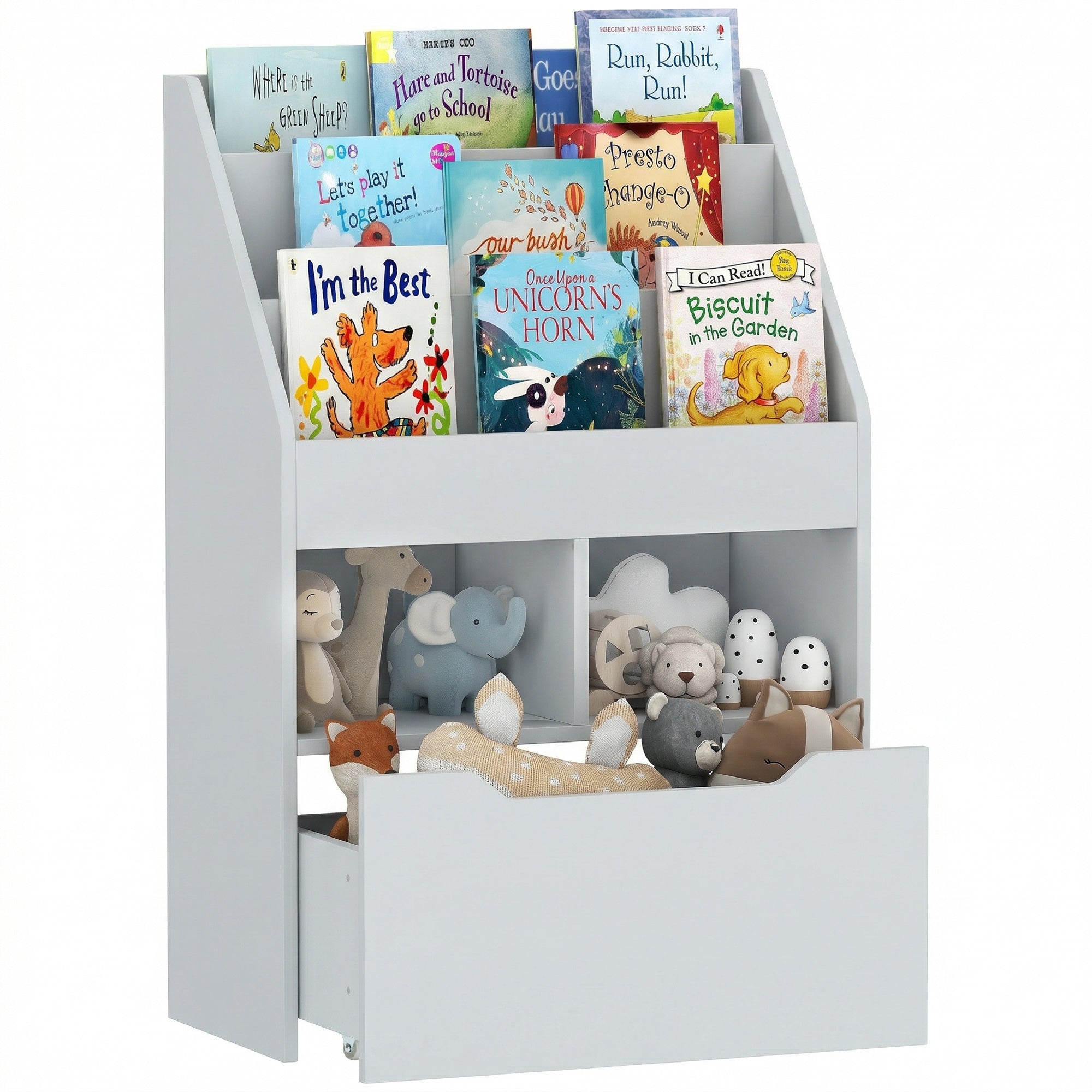 Kids Bookcase Multi-Shelf Rack Organizer with Storage Drawer for Books for Reading Nook, Classroom, Bedroom, Playroom, Grey-Toys & Games > Toddler & Kids Furniture > Baby & Kids Storage-DECOROLALA