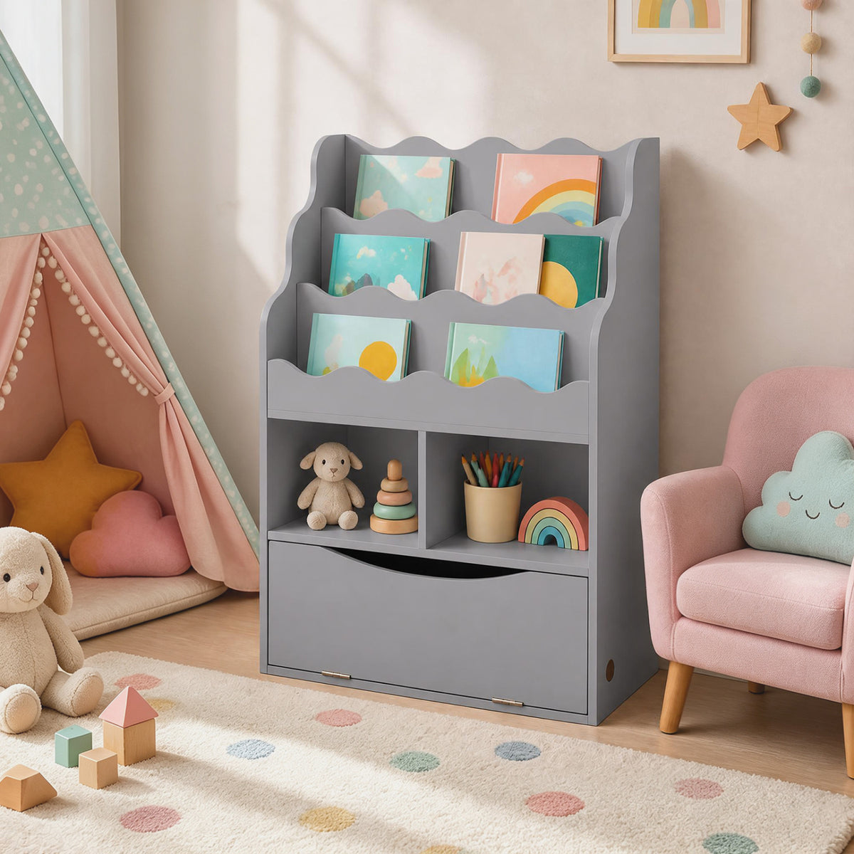 Kids Bookcase with 3-Tier Sling Bookshelf with Shelves Open Cubes and Flip Down Cabinet-Gray-Bookcases-DECOROLALA