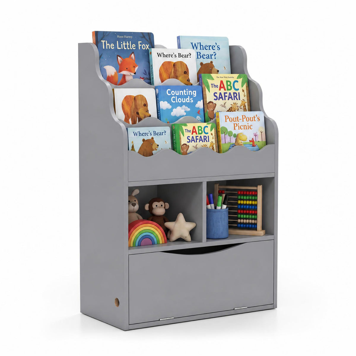 Kids Bookcase with 3-Tier Sling Bookshelf with Shelves Open Cubes and Flip Down Cabinet-Gray-Bookcases-DECOROLALA