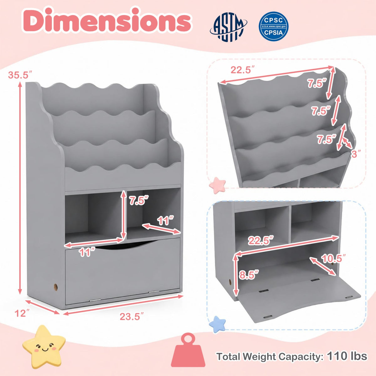 Kids Bookcase with 3-Tier Sling Bookshelf with Shelves Open Cubes and Flip Down Cabinet-Gray-Bookcases-DECOROLALA