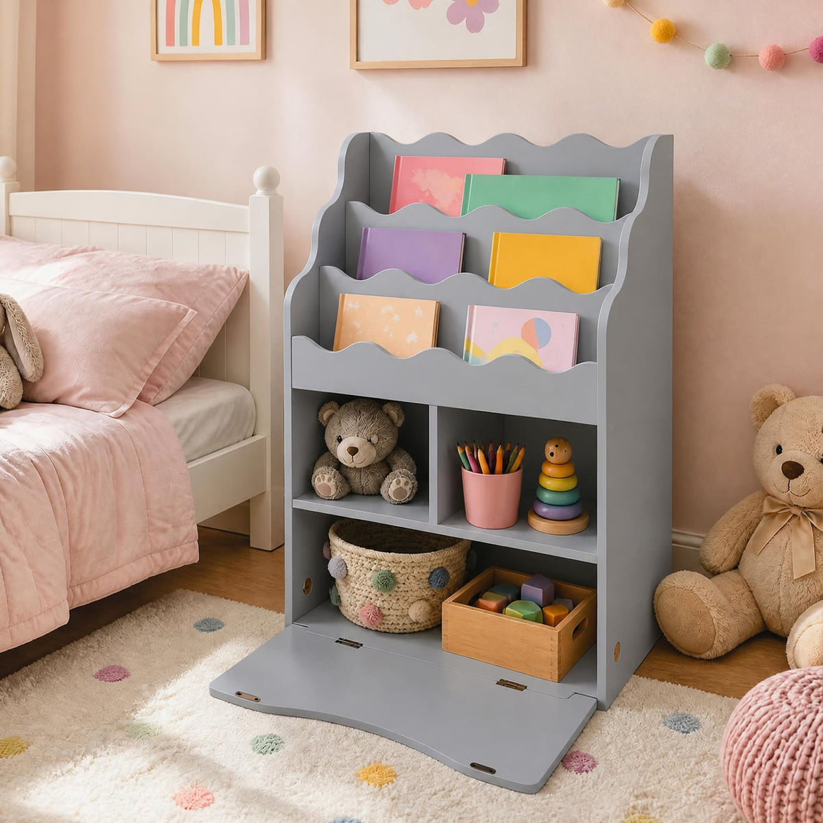 Kids Bookcase with 3-Tier Sling Bookshelf with Shelves Open Cubes and Flip Down Cabinet-Gray-Bookcases-DECOROLALA