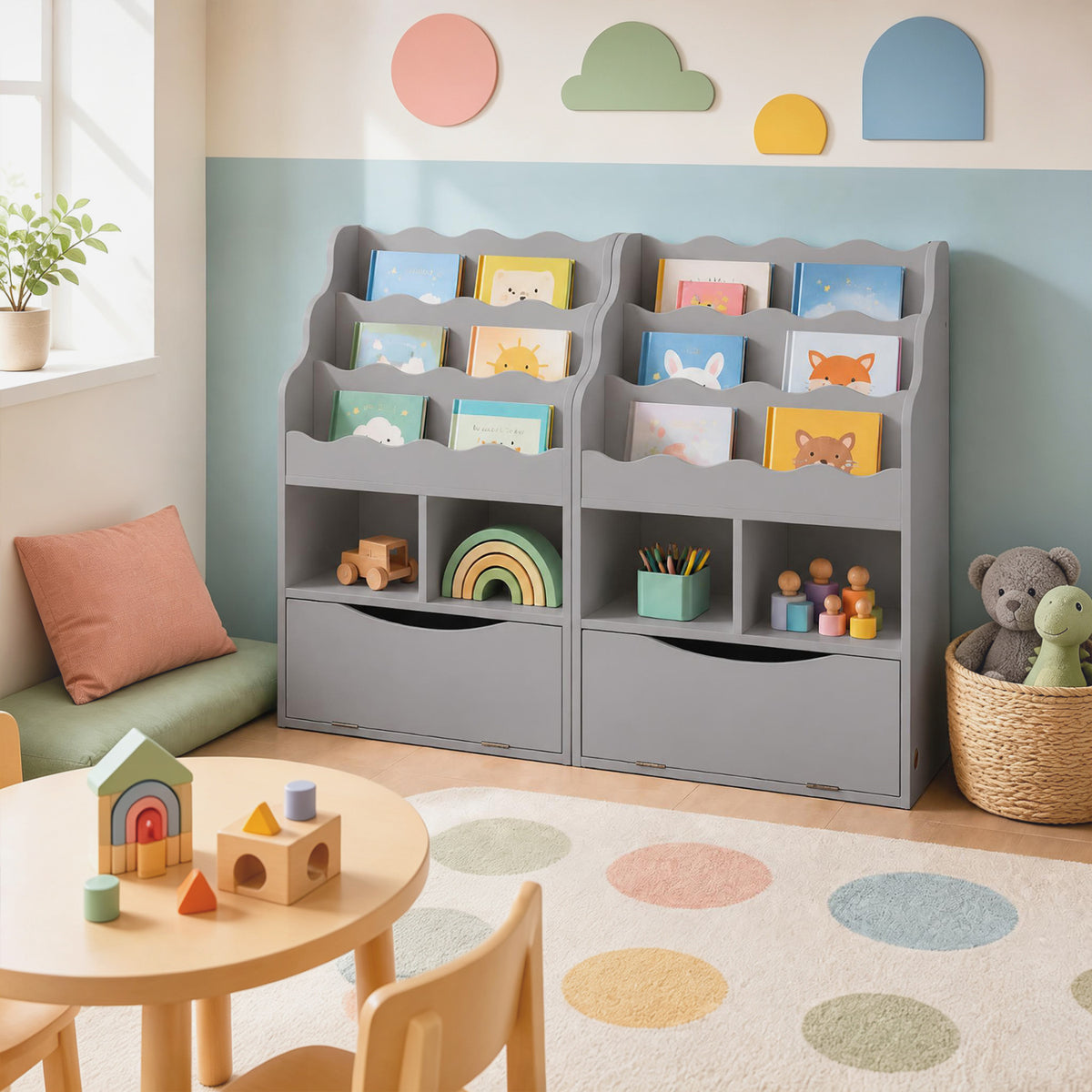 Kids Bookcase with 3-Tier Sling Bookshelf with Shelves Open Cubes and Flip Down Cabinet-Gray-Bookcases-DECOROLALA