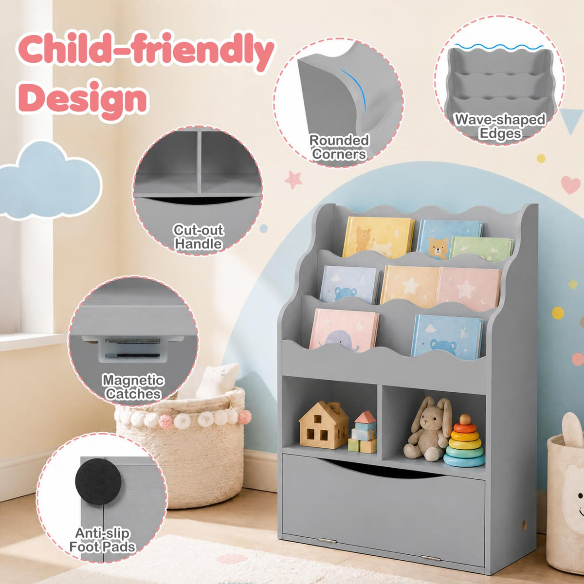 Kids Bookcase with 3-Tier Sling Bookshelf with Shelves Open Cubes and Flip Down Cabinet-Gray-Bookcases-DECOROLALA