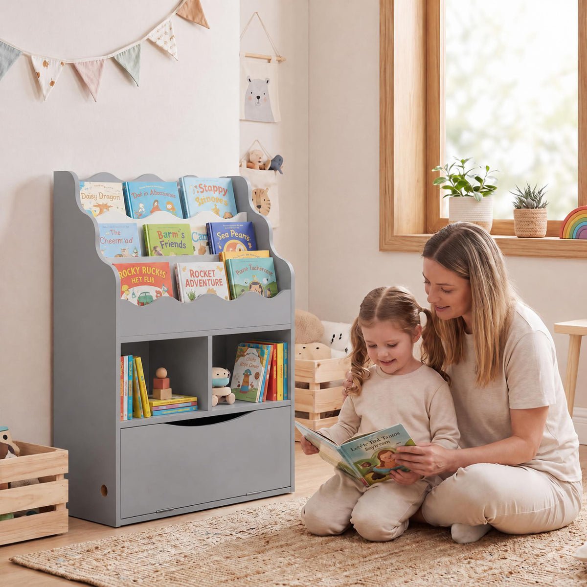 Kids Bookcase with 3-Tier Sling Bookshelf with Shelves Open Cubes and Flip Down Cabinet-Gray-Bookcases-DECOROLALA