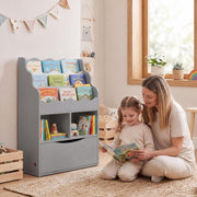 Kids Bookcase with 3-Tier Sling Bookshelf with Shelves Open Cubes and Flip Down Cabinet-Gray-Bookcases-DECOROLALA