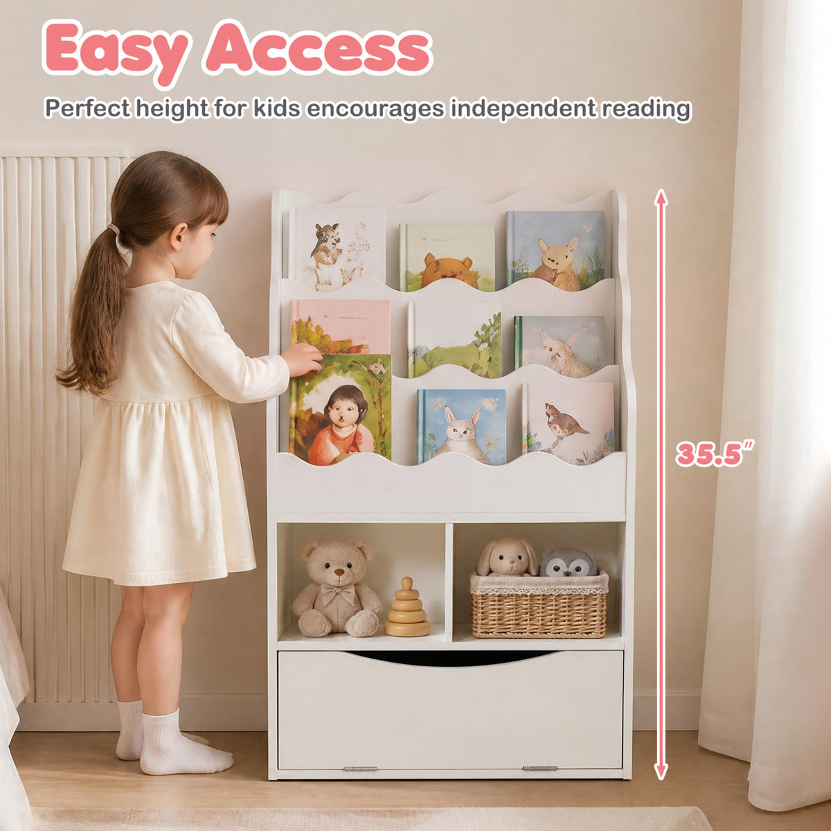 Kids Bookcase with 3-Tier Sling Bookshelf with Shelves Open Cubes and Flip Down Cabinet-White-Bookcases-DECOROLALA