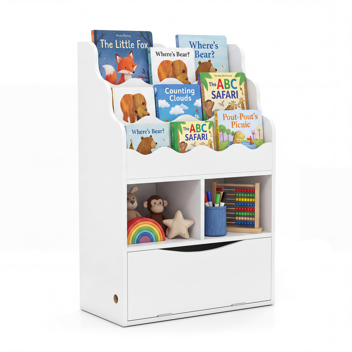 Kids Bookcase with 3-Tier Sling Bookshelf with Shelves Open Cubes and Flip Down Cabinet-White-Bookcases-DECOROLALA
