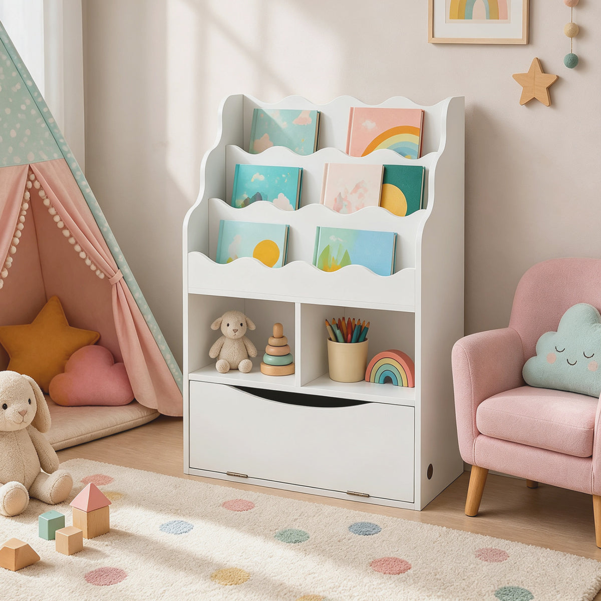 Kids Bookcase with 3-Tier Sling Bookshelf with Shelves Open Cubes and Flip Down Cabinet-White-Bookcases-DECOROLALA