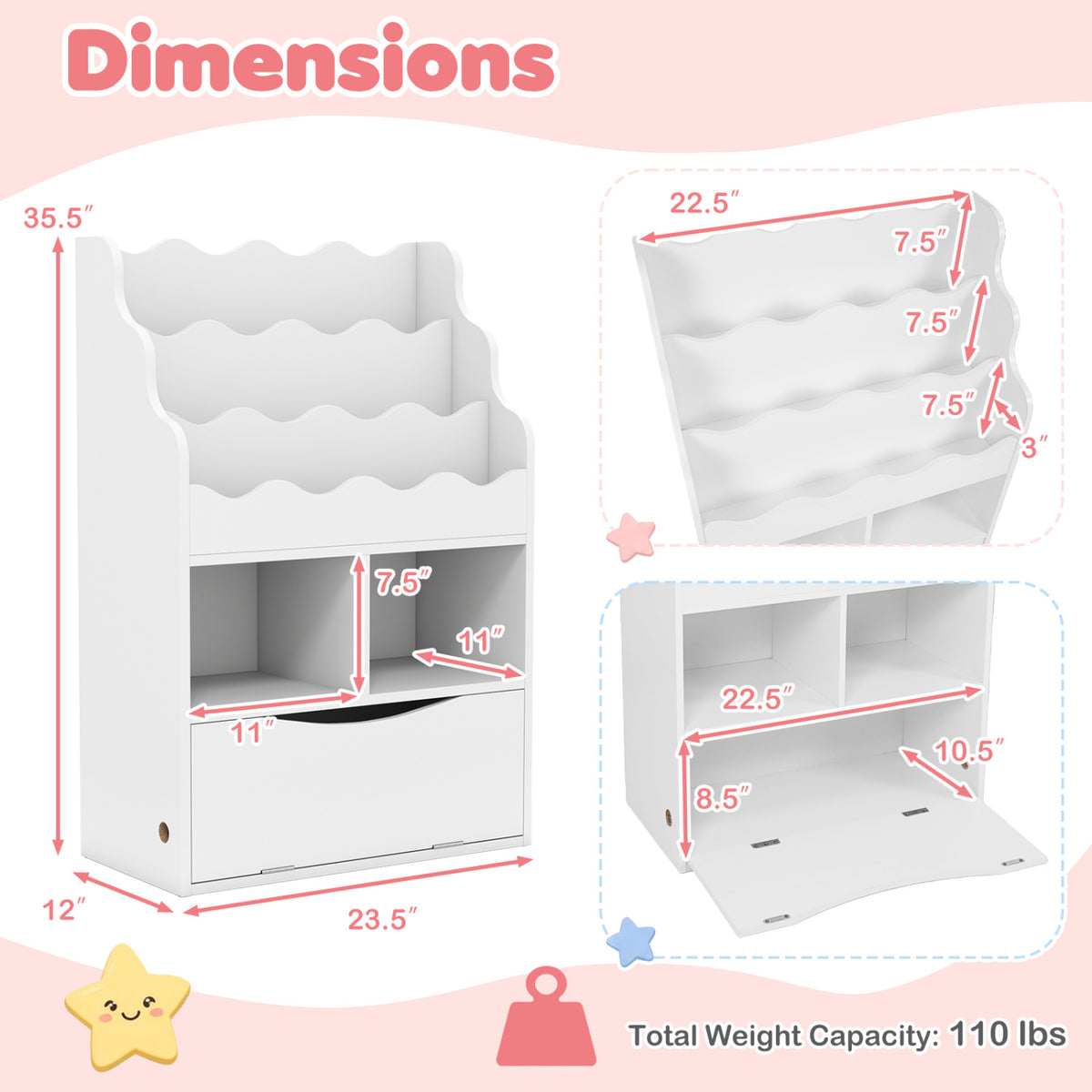 Kids Bookcase with 3-Tier Sling Bookshelf with Shelves Open Cubes and Flip Down Cabinet-White-Bookcases-DECOROLALA